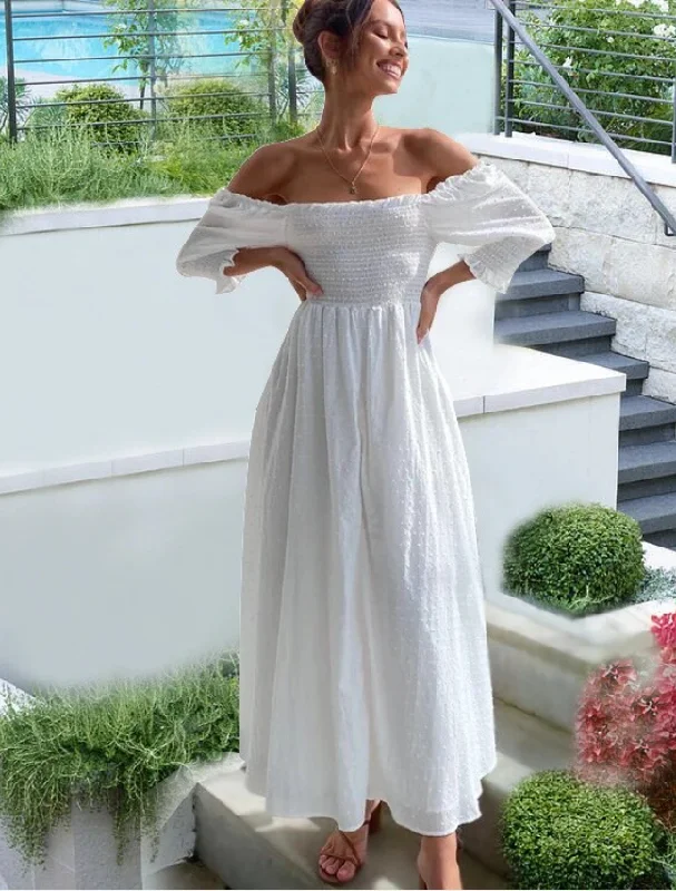 Elegant Slash Neck Dot Women Party Dress Summer White Off Shoulder Pleated Jacquard Maxi Dresses Tunics Wedding white Elegant Slash Neck Dot Women Party Dress Summer White Off Shoulder Pleated Jacquard Maxi Dresses Tunics Wedding white