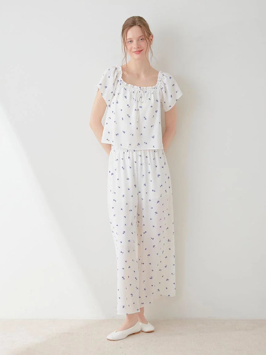 Small Floral Print Pajama Pants Comfortable Denim Trousers