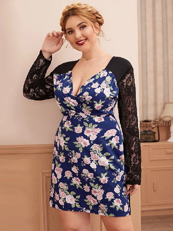 Contrast Lace Floral Fitted Dress Tunics Plaid country