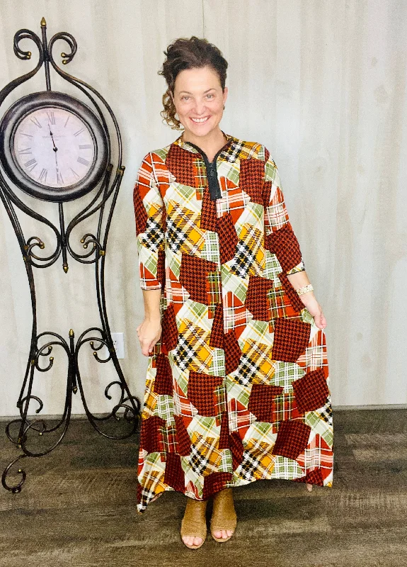 Jaqueline Vintage & Zipper Dress- Rust Patchwork Tunics Trousers formal
