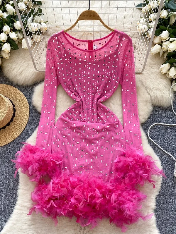 Rhinestones Feathers Vibrant Pink Party Dress Tunics Travel practical