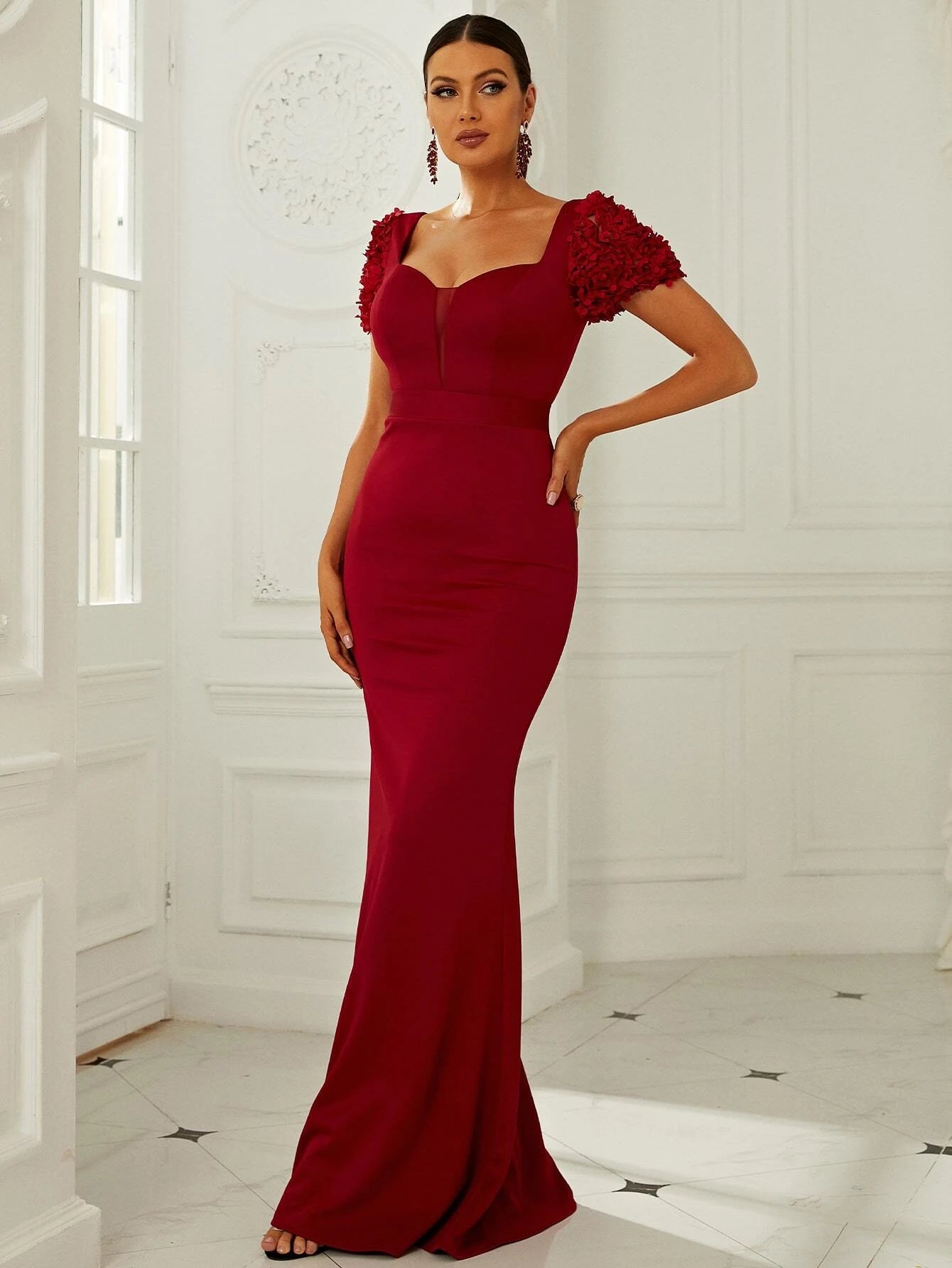 Floral Appliqués Sheer Panel Red Floor-Length Party Dress Mermaid Tail Wedding