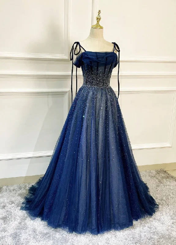 Shiny Navy Blue Tulle Straps Long Prom Dresses Party Dresses, A-line Beaded Prom Dresses Tunics Vintage classic
