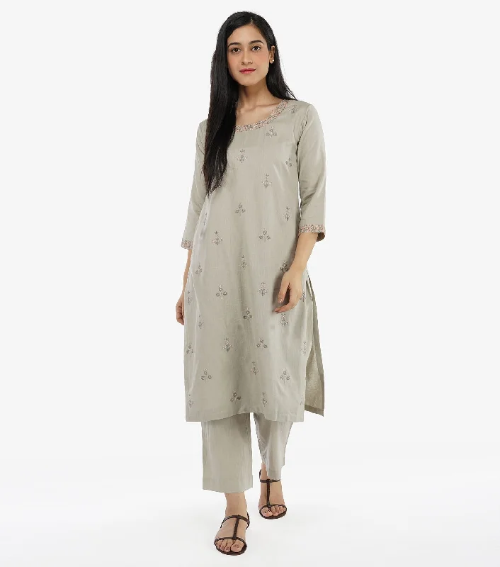 Light Grey Cotton Linen Kurta & Pants Set Soft Stretch Trousers