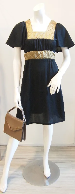 Black dress lily sleeves gold quilted collar and waist Tunics Handmade artisanal