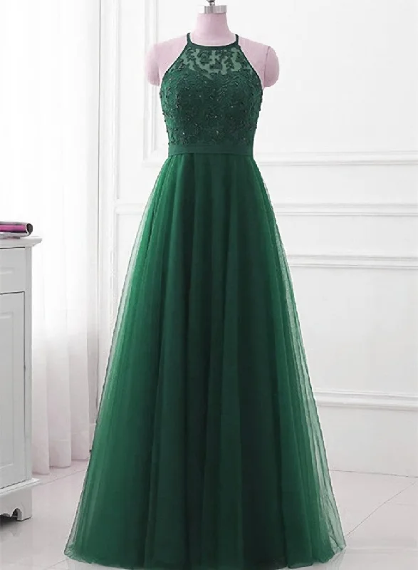 Dark Green Cross Back Tulle Halter Long Party Dress, A-line Junior Prom Dress Tunics Mesh breathable Dark Green Cross Back Tulle Halter Long Party Dress, A-line Junior Prom Dress Tunics Mesh breathable