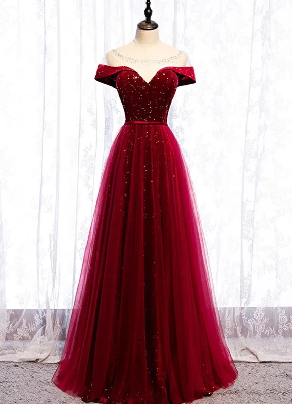 Wine Red Tulle with Velvet Long Party Dress, Wine Red Formal Dress Prom Dress Tunics Ceremony elegant Wine Red Tulle with Velvet Long Party Dress, Wine Red Formal Dress Prom Dress Tunics Ceremony elegant