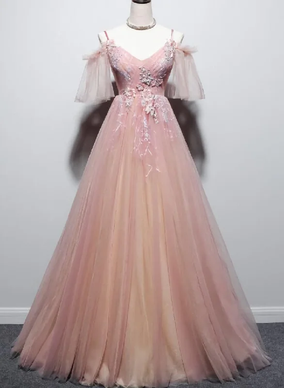 Pink Tulle V-neckline Floral Long Prom Dress, Pink Straps Party Dress Tunics Canvas sturdy Pink Tulle V-neckline Floral Long Prom Dress, Pink Straps Party Dress Tunics Canvas sturdy