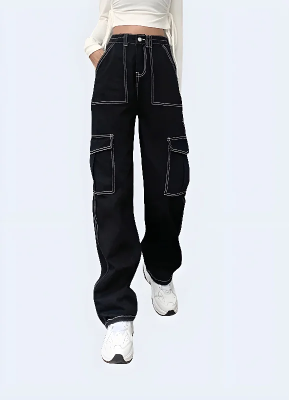 Black Cargo Pants With White Stitching Elegant Palazzo Trousers