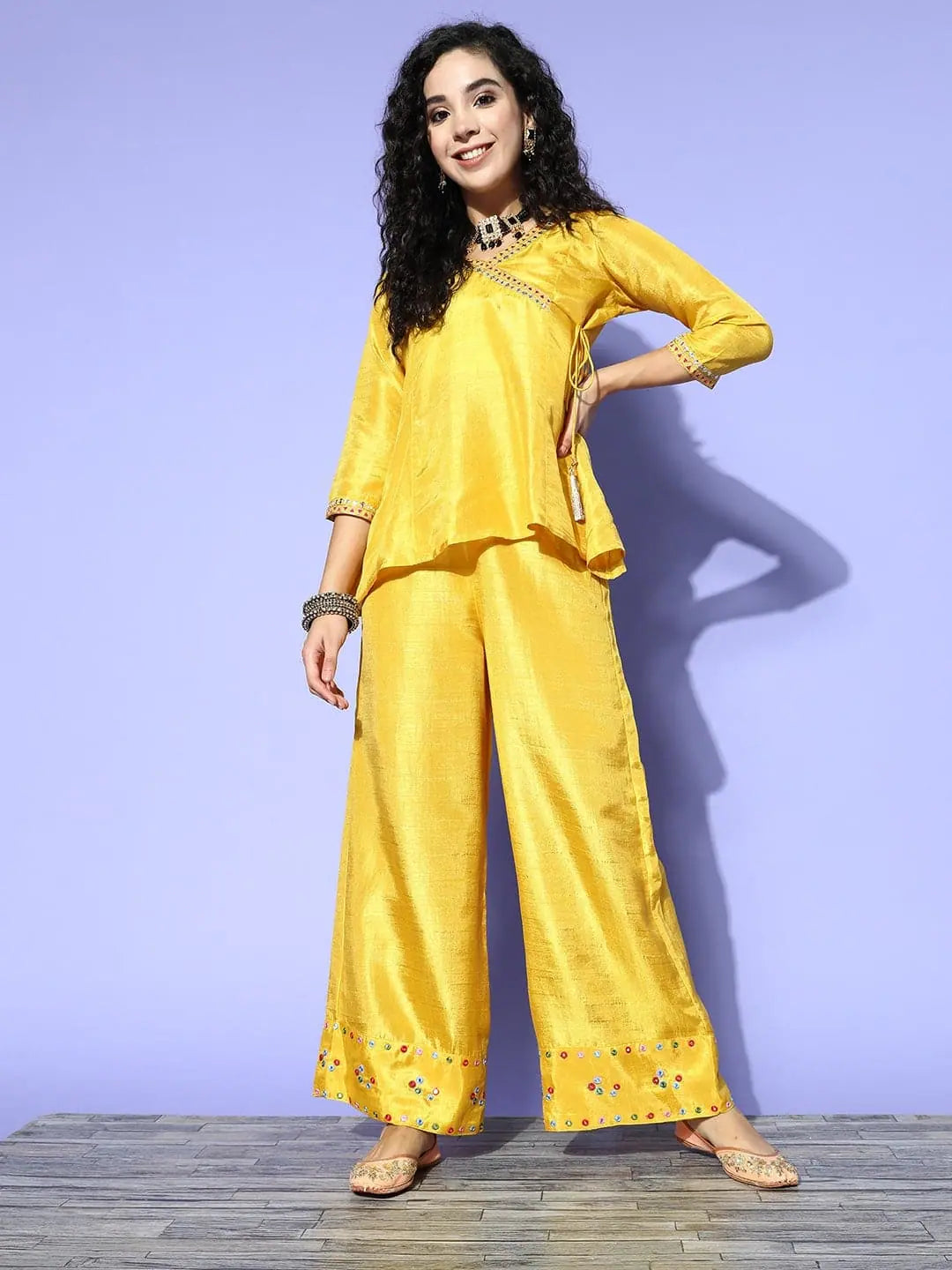 Women Mustard Mirror Embroidered Top With Palazzo Pants Formal Linen Trousers