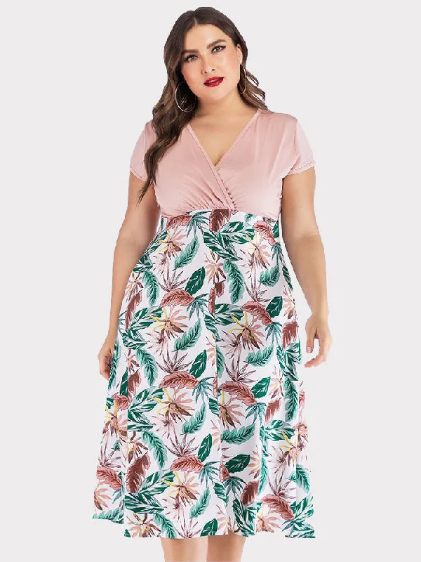 Color Block Floral Printed Dress Tunic Top Casual