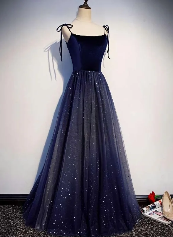Navy Blue Tulle Straps Long Velvet Party Dress, Blue Prom Dress Tunics Denim casual