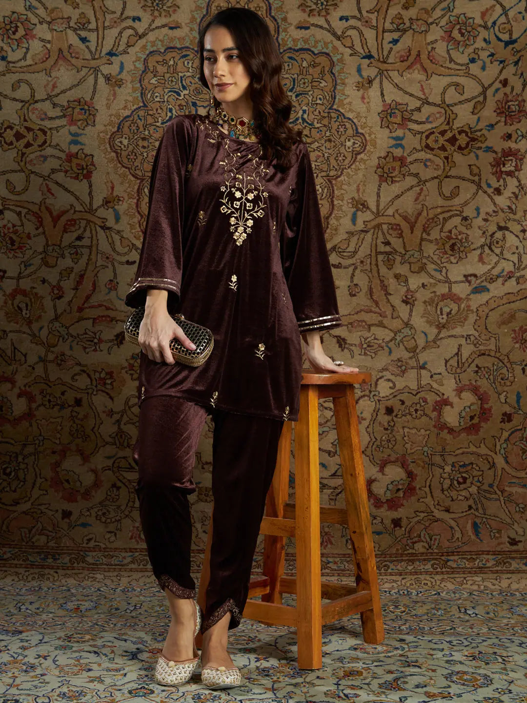 Women Brown Velvet Zari Embroidered Tulip Pants Warm Wool Trousers