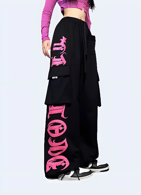 Black And Pink Cargo Pants Relaxed High-Waist Trousers