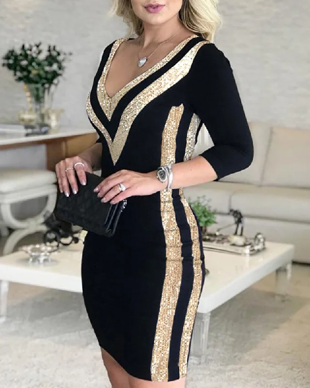 Sequins Colorblock Long Sleeve Dress Women Sexy Bodycon Party Dress Tunics Summer linen Sequins Colorblock Long Sleeve Dress Women Sexy Bodycon Party Dress Tunics Summer linen