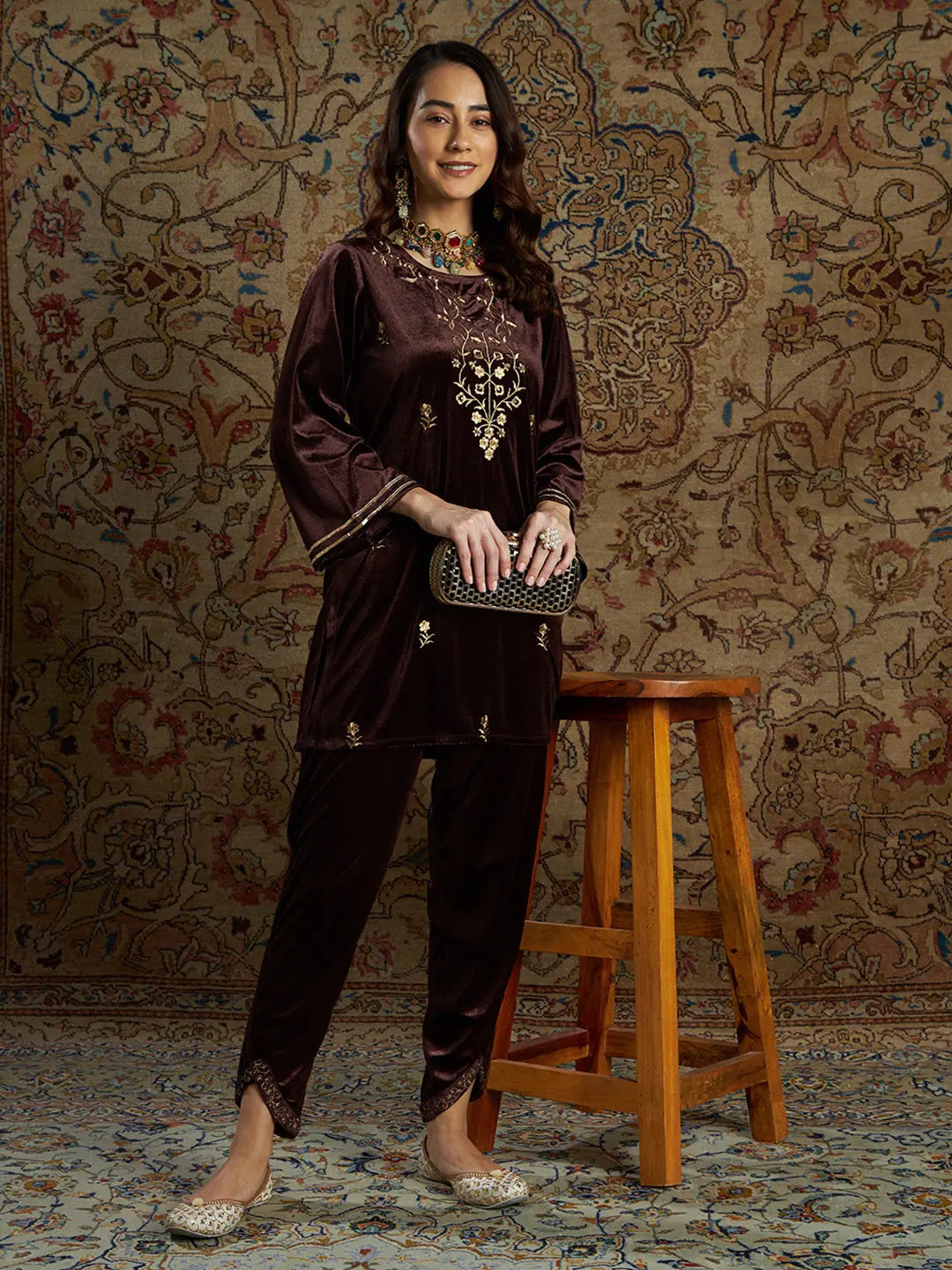 Women Brown Velvet Zari Short Kurta With Tulip Pants Casual Lounge Pants