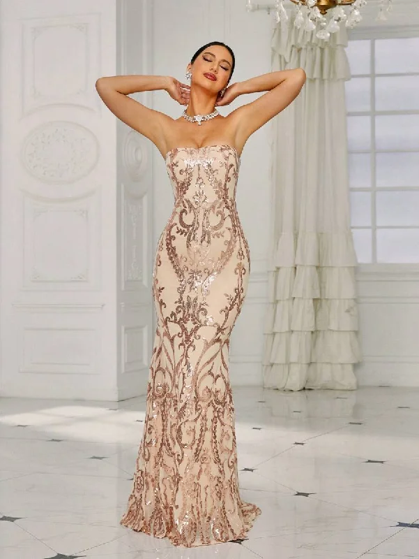 Sequin Embellishments Strapless Beige Party Dress Tunics Recommended stylist