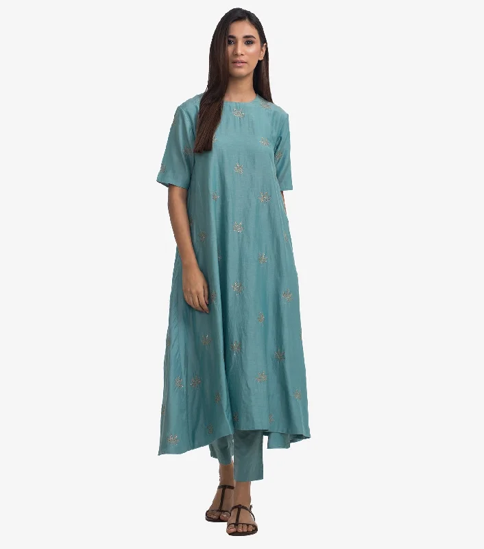 Blue embroidered Cotton silk Kurta & Pants Set Chic Wool Trousers