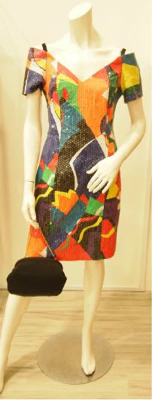 Rainbow Sequins Abstract Art Off-Shoulder Vintage Dress Elegant Long Evening