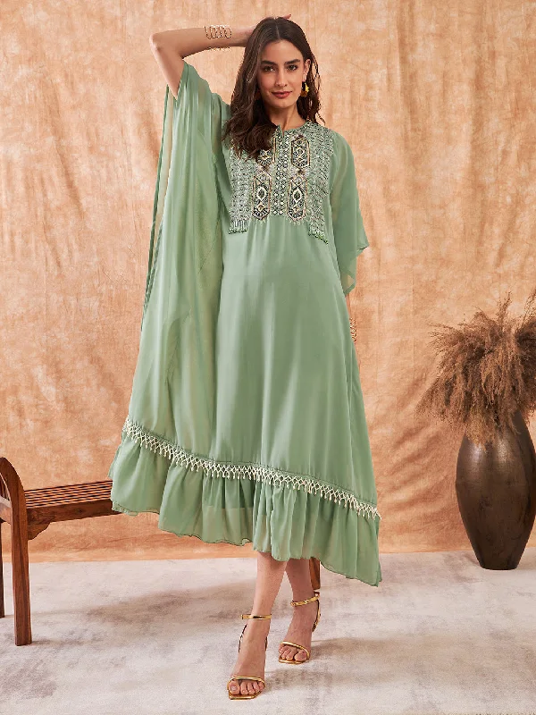Moss Green Hand Embroidered Layered Party Dress with Slip Tunics Chinos classic