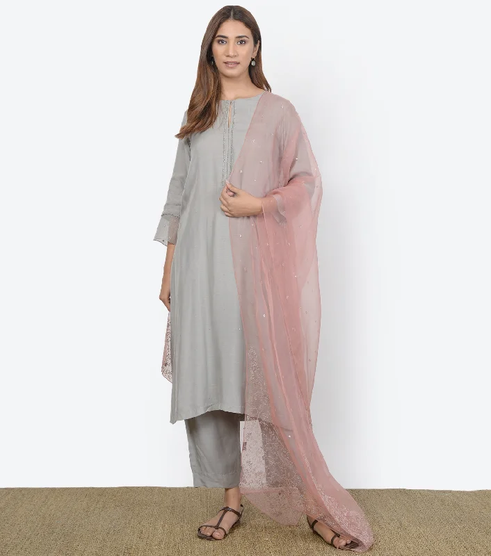 Grey Modal Silk Kurta & Pants Set Relaxed Linen Pants