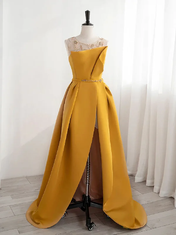 Yellow Satin Beaded Long Prom Dress with Leg Slit, Yellow A-line Party Dress Tunics Top rated Yellow Satin Beaded Long Prom Dress with Leg Slit, Yellow A-line Party Dress Tunics Top rated