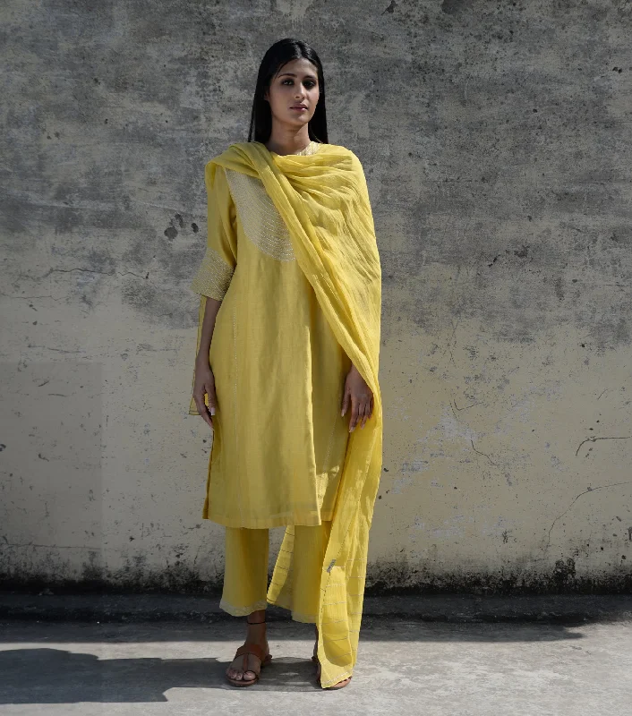 Yellow Zari Embroidered Chanderi Kurta Set with Pants Soft Stretch Pants