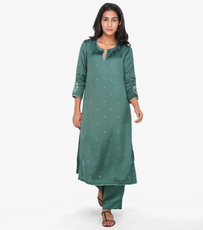 Emerald green silk kurta & Palazzo pants set Relaxed Fit Trousers