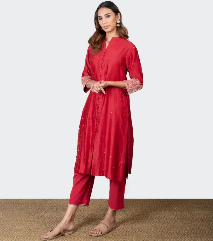 Red Zari Embroidered Chanderi Kurta & Pants Set Chic Black Leggings