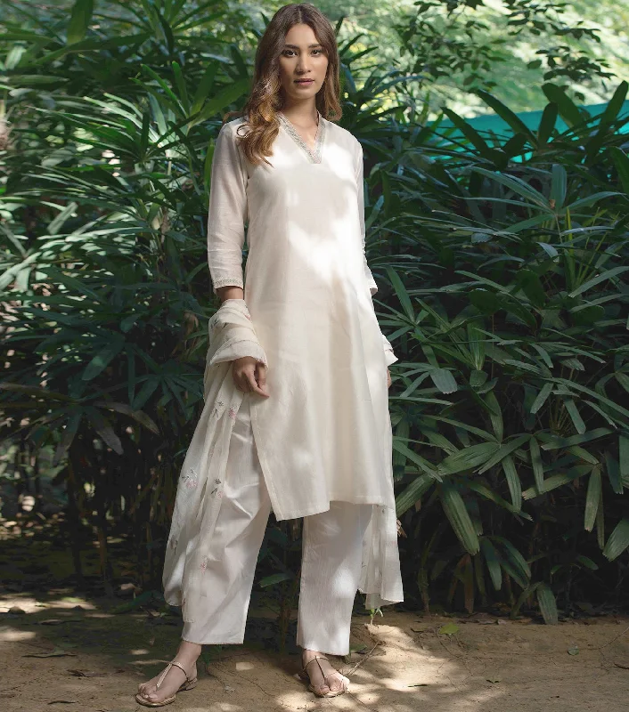 White Cotton Silk Kurta & Pallazo Pants Set Comfy High-Waist Jeans
