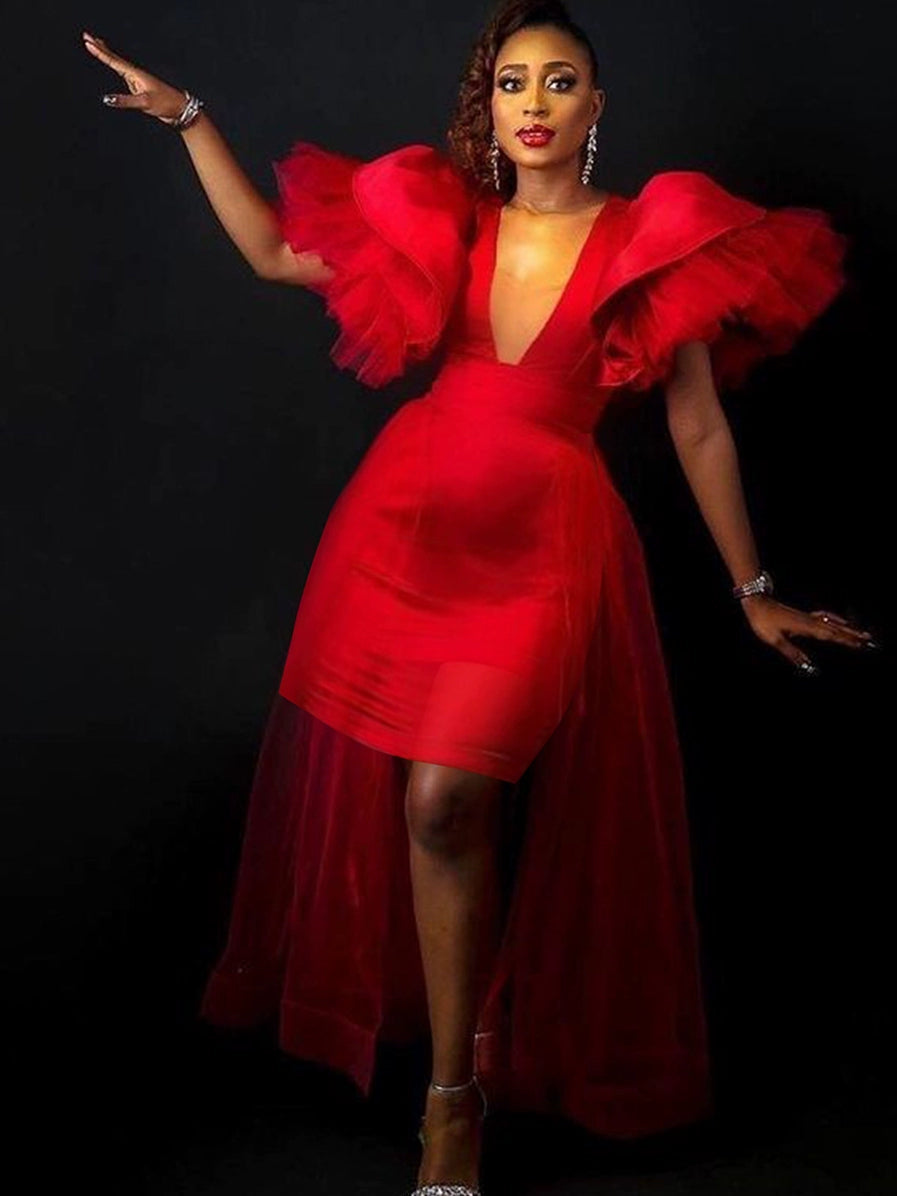 Fashion plus Size V Neck Mesh Party See-through Stitching Dress Women plus Size Party Dress Red Tunics Fall fleece Fashion plus Size V Neck Mesh Party See-through Stitching Dress Women plus Size Party Dress Red Tunics Fall fleece