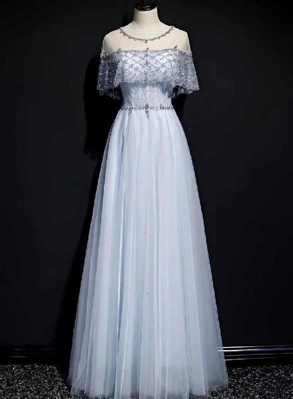 Light Blue Tulle A-line Long Party Dress, Blue Prom Dresses Tunics Satin smooth
