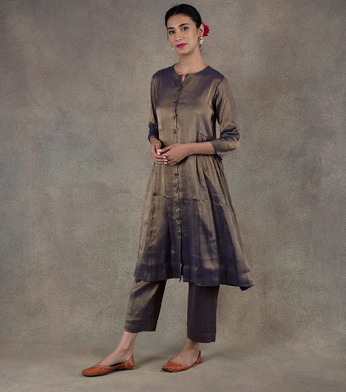 Navy Blue Tissue Kurta with Pants - Set of 2 Comfortable Wide-Leg Pants