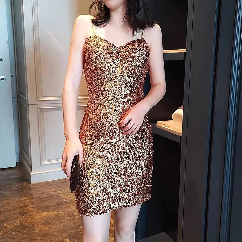 Women Sequined Strap Dress Summer Sexy Elegant Backless Party Dress KoreanPencil Dress Night Club Style A-Line Day Work Women Sequined Strap Dress Summer Sexy Elegant Backless Party Dress KoreanPencil Dress Night Club Style A-Line Day Work