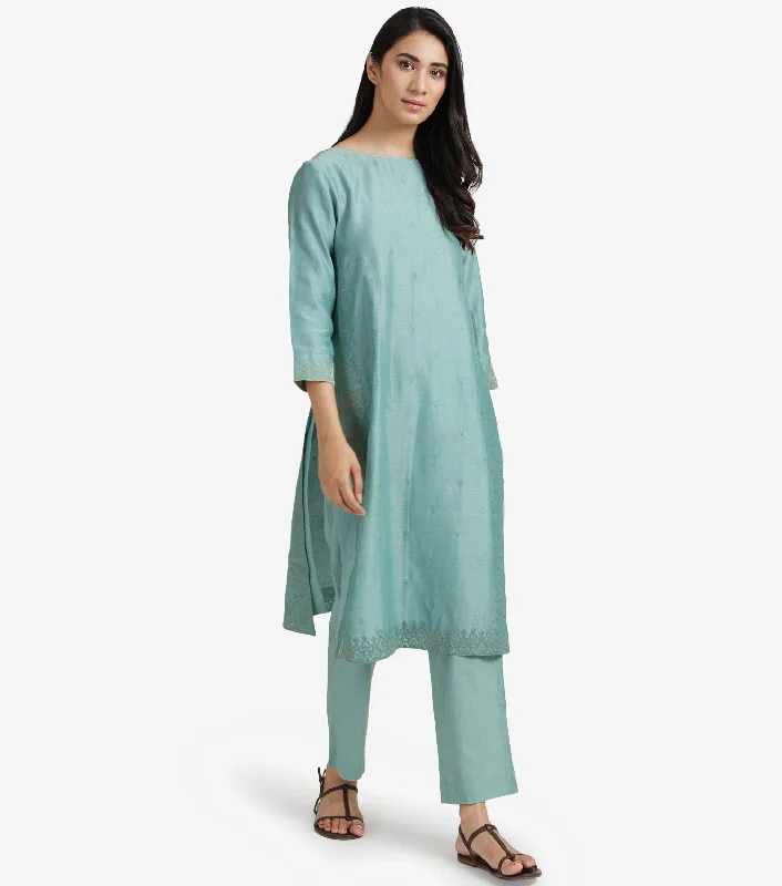 Sky Blue Embroidered Cotton silk kurta & cotton pants set Trendy Printed Pants