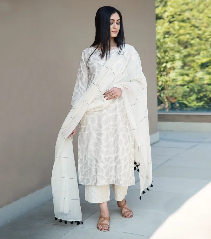 Ivory Embroidered Chanderi Kurta & Palazzo Pants Set Chic Slim Fit Pants