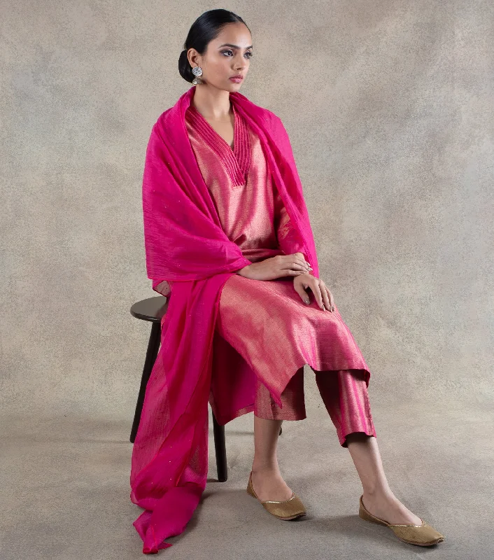 Pink Brocade Kurta with Pants and Chanderi Dupatta Set Comfortable Denim Trousers