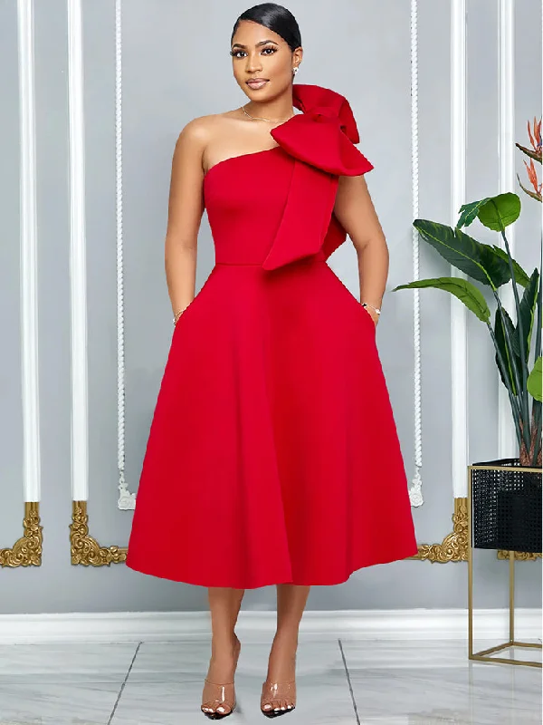 Red Christmas Party Dress with A Line Pleated One Shoulder Bow Bodycon Fitted Nightout
