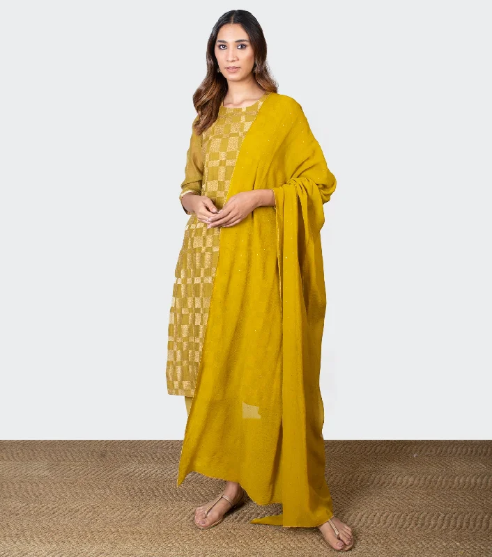 Mustard Yellow Embroidered Chanderi Kurta with Pants and Chiffon Dupatta - Set of 3 Comfortable Jogger Trousers Mustard Yellow Embroidered Chanderi Kurta with Pants and Chiffon Dupatta - Set of 3 Comfortable Jogger Trousers