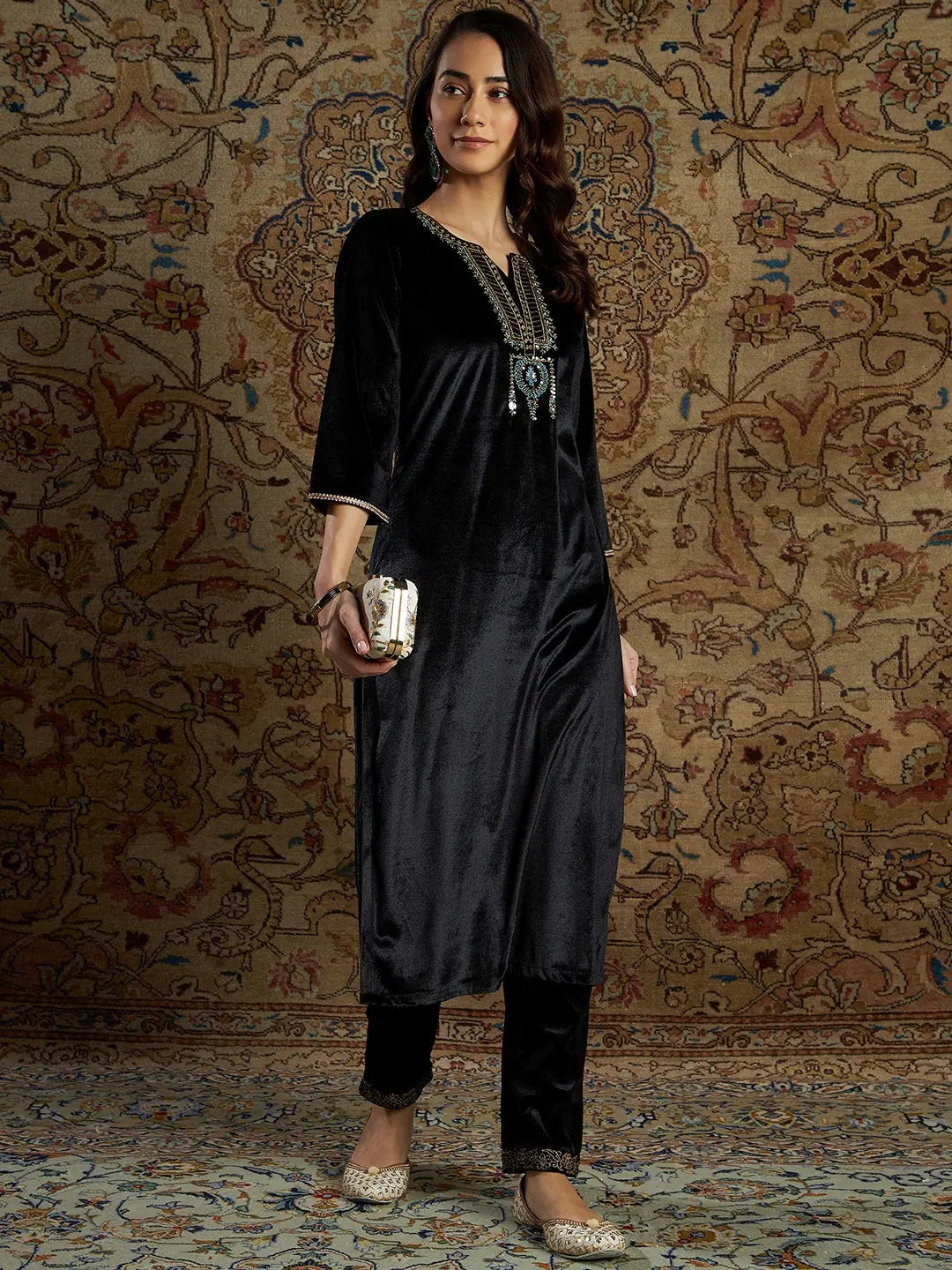 Women Black Velvet Zari Embroidered Pencil Pants Classic Flared Pants