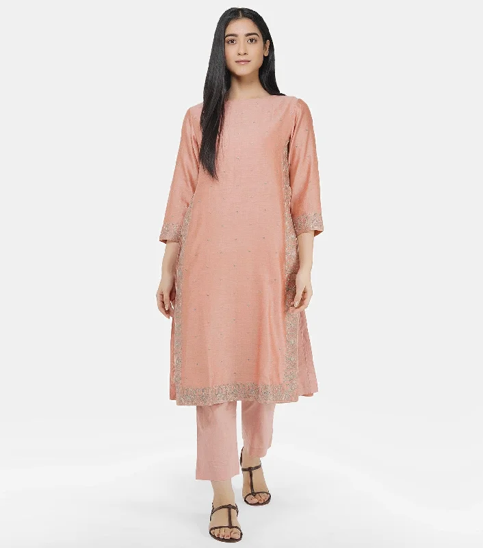 Peach Cotton Silk Kurta & Cotton Pants Set Trendy Wide-Leg Pants