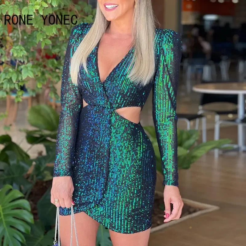 Women Chic Solid Sequins Deep V Neck Sexy Long Sleeves Midriff Mini Party Dresses Off-the-shoulder Chic Trendy Women Chic Solid Sequins Deep V Neck Sexy Long Sleeves Midriff Mini Party Dresses Off-the-shoulder Chic Trendy