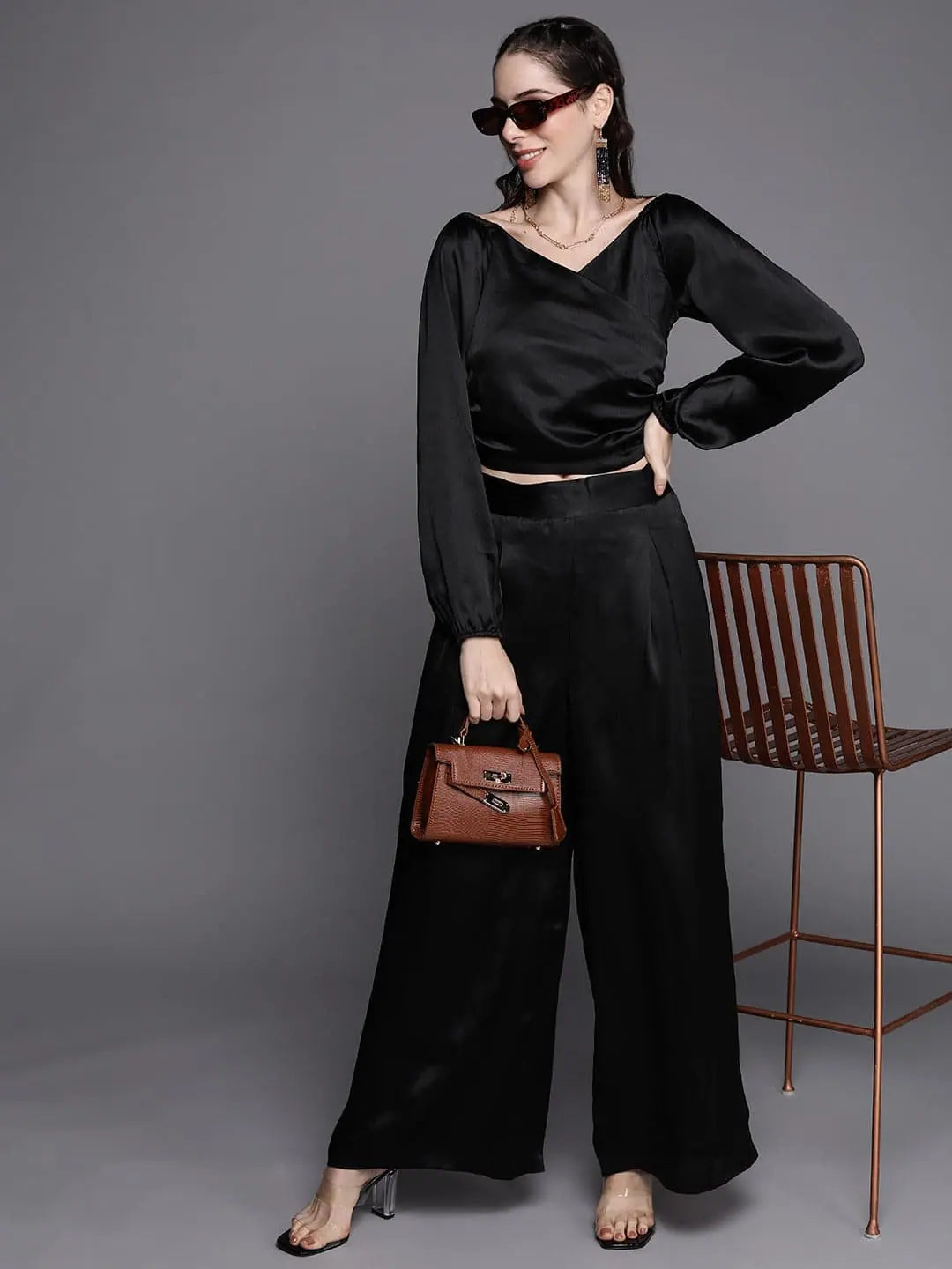 Women Black Satin Pleated Wide Leg Pants Relaxed Casual Leggings