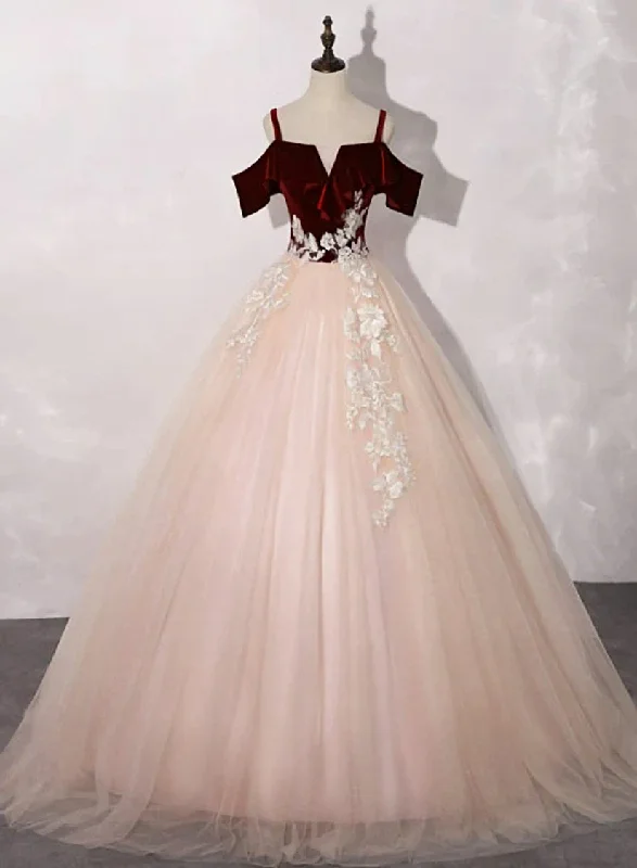 Pink Tulle with Velvet Top Long Party Dress Prom Dres Ball Gown Sweet 16 Dresses Tunics Fall fleece
