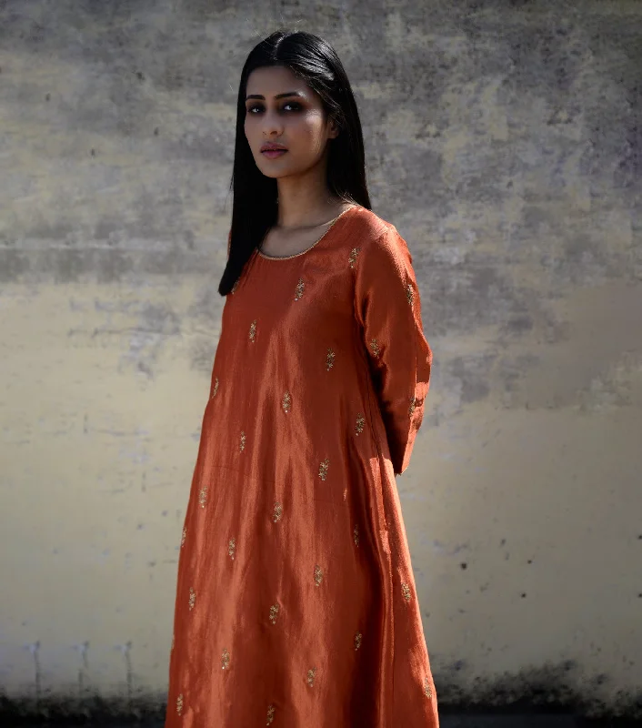 Rust Orange Embroidered Silk Kurta & Pants Set Warm Wool Trousers