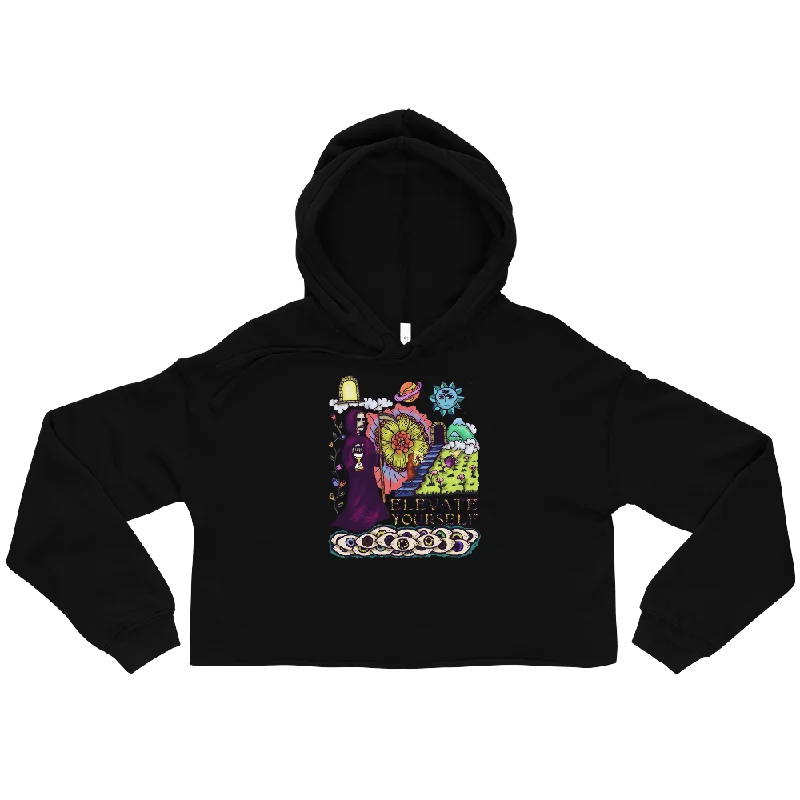 Elevate Yourself Graphic Crop Hoodie Hoodie with Hem Patch Decorative Personalized