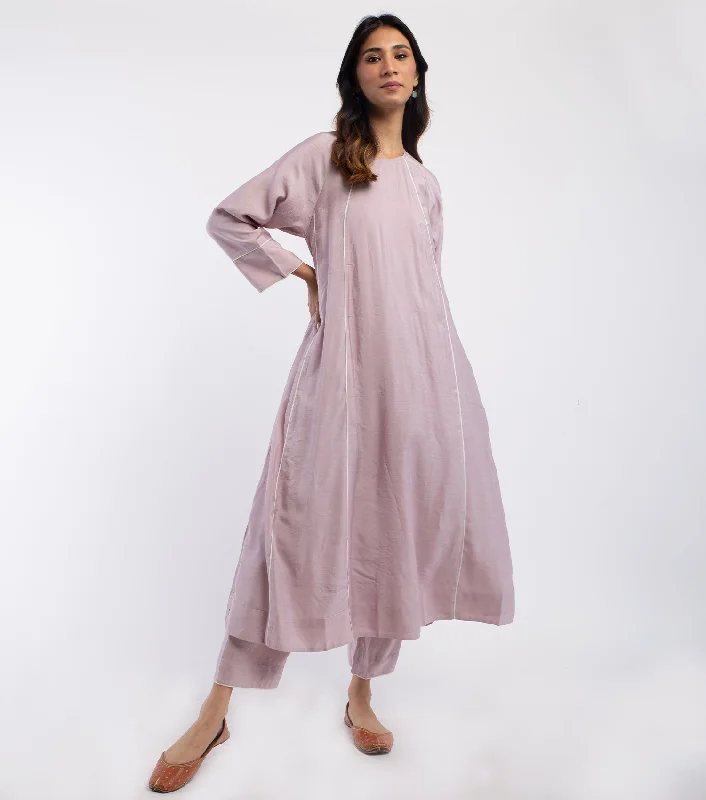 Mauve Chanderi Kurta & Cotton Palazzo Pants Set Relaxed Fit Trousers