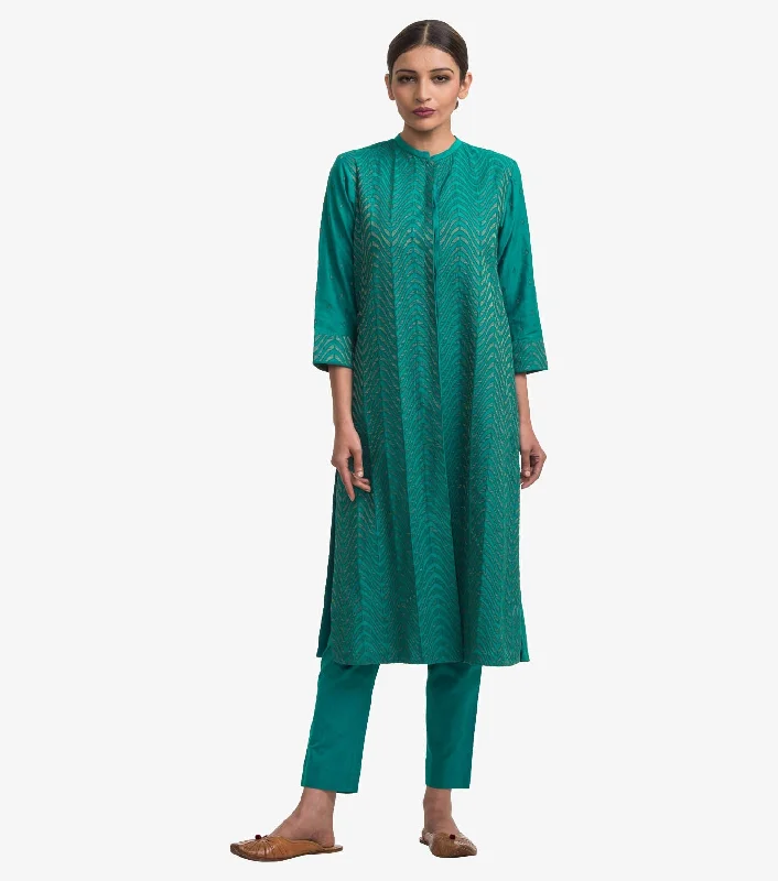 Green Chanderi embroidered kurta & cotton pants set Formal Slim Pants