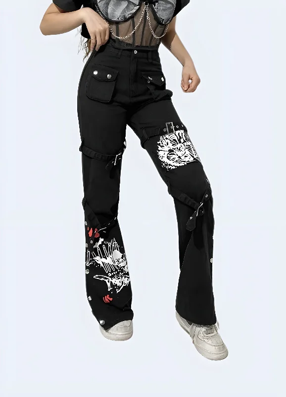 Goth Cargo Pants Womens Comfy High-Waist Jeans