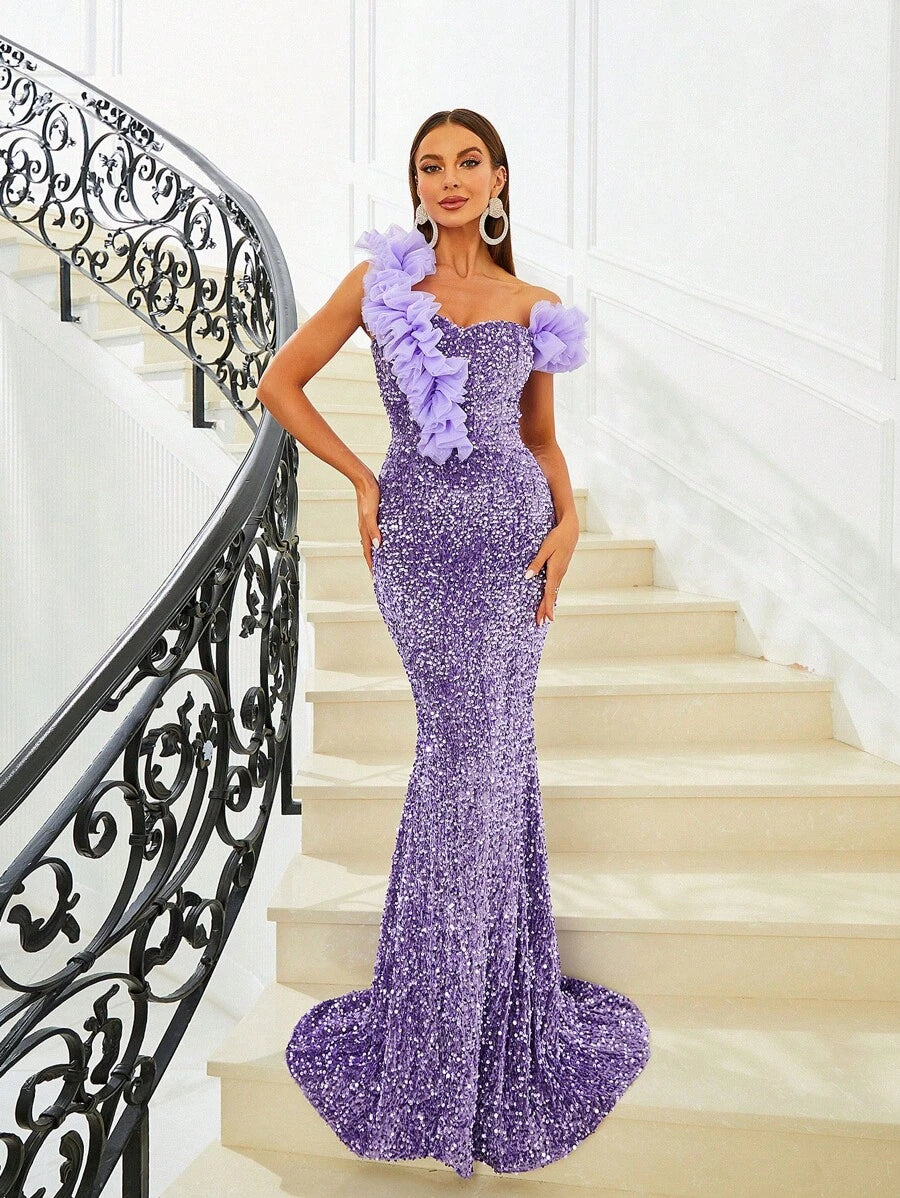 Floral Embellishments Stunning Lavender Sequin Party Dress Tunics Sale discount